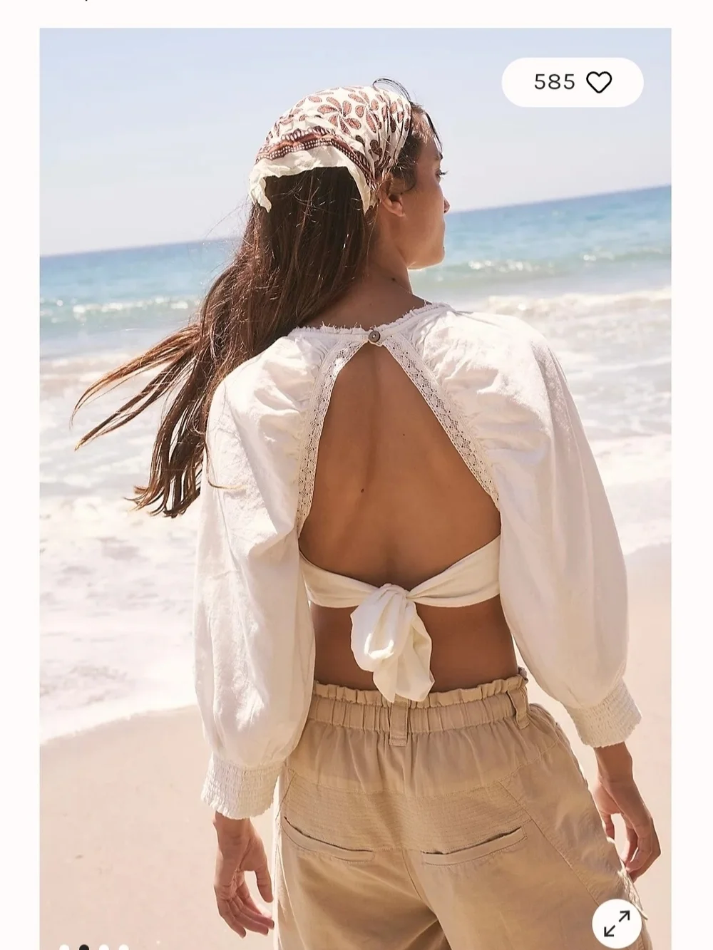 Free People Ivory Lace-Trim Puff Sleeve Crop Top